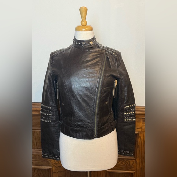 MANGO MNG Studded Black Cropped Leather Biker Moto Jacket As EUR M US S - Picture 3 of 11